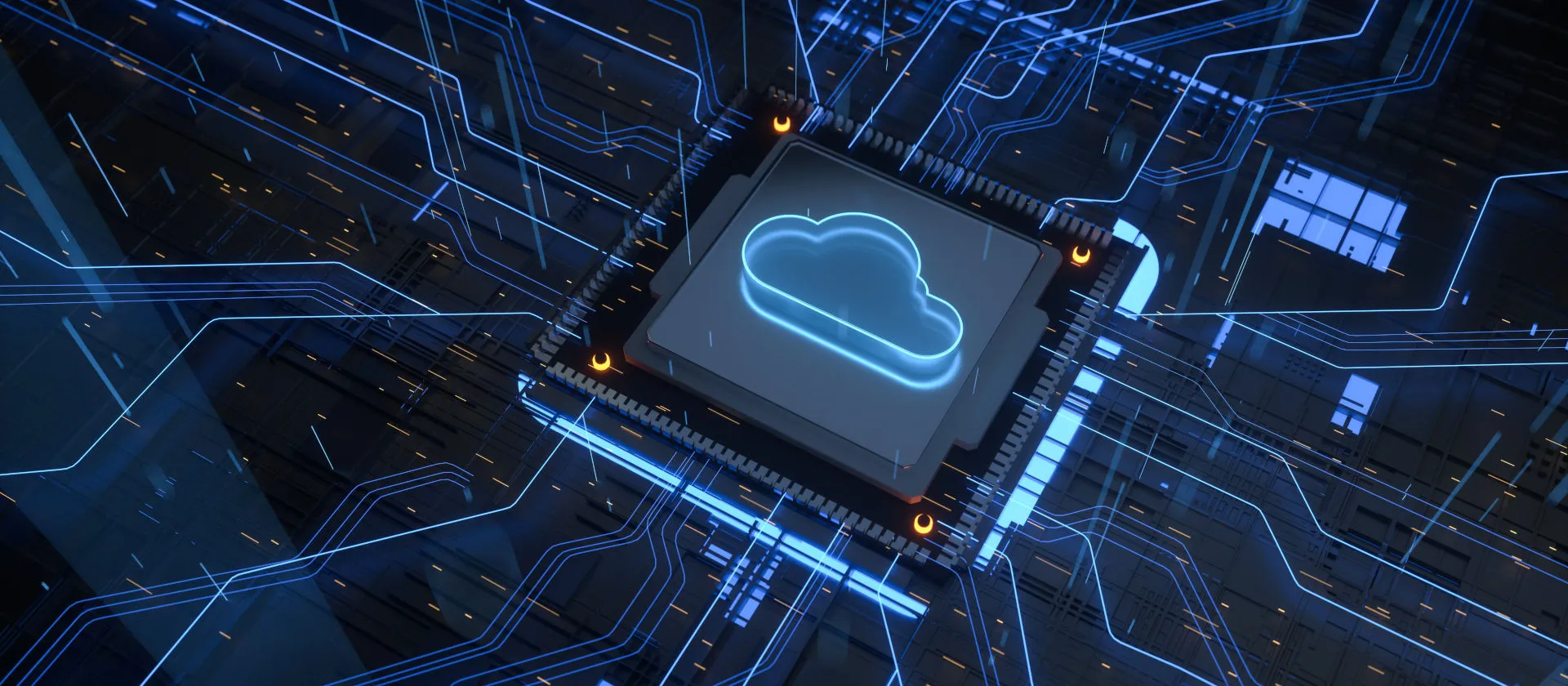 Eine Cloud-Wolke inmitten vieler Datenströme symbolisiert das Thema des AWS Cloud Workshops 