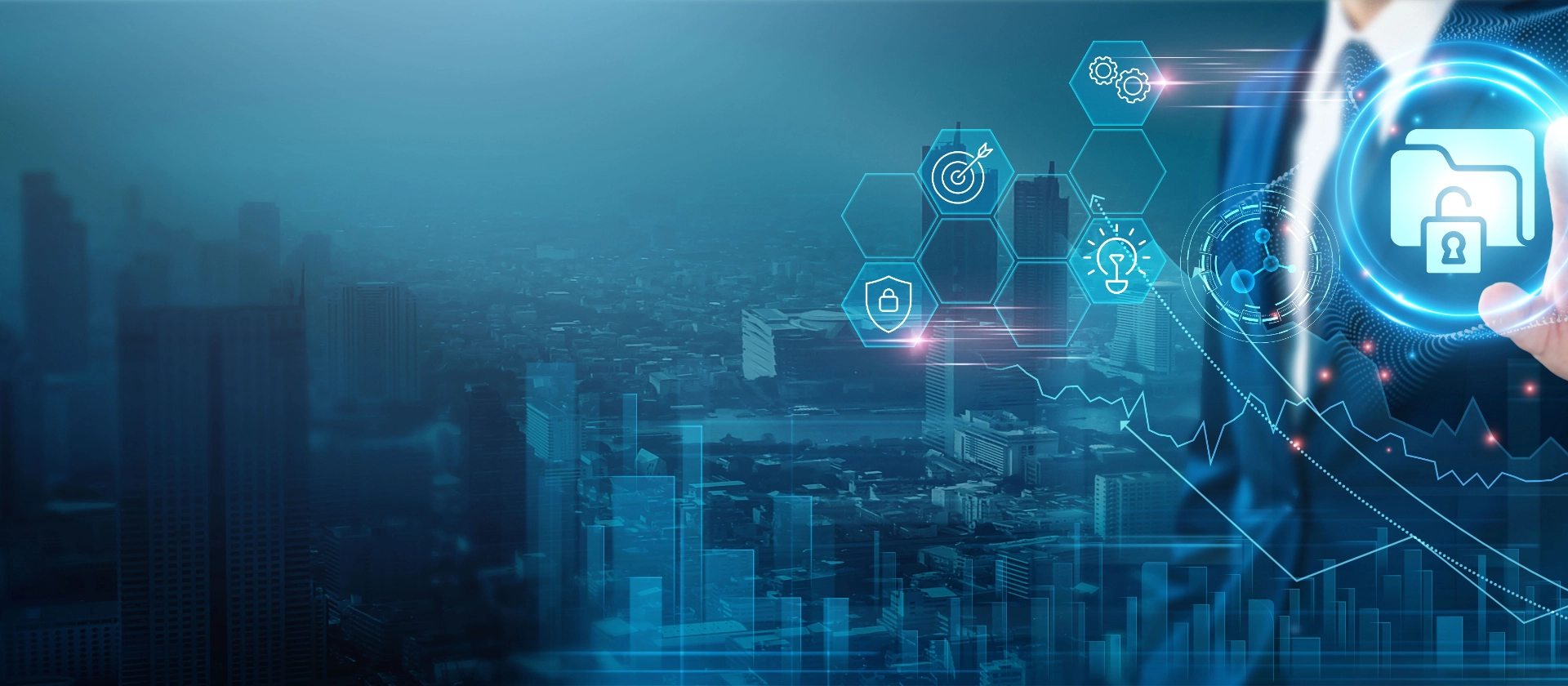 "Ein Geschäftsmann in Anzug berührt eine holographische Benutzeroberfläche mit einem Symbol für Datensicherheit – eine geöffnete Akte mit einem Schloss. Im Hintergrund eine futuristische Stadtlandschaft mit digitalen Datenvisualisierungen und Symbolen für Innovation, Sicherheit und Zielerreichung.