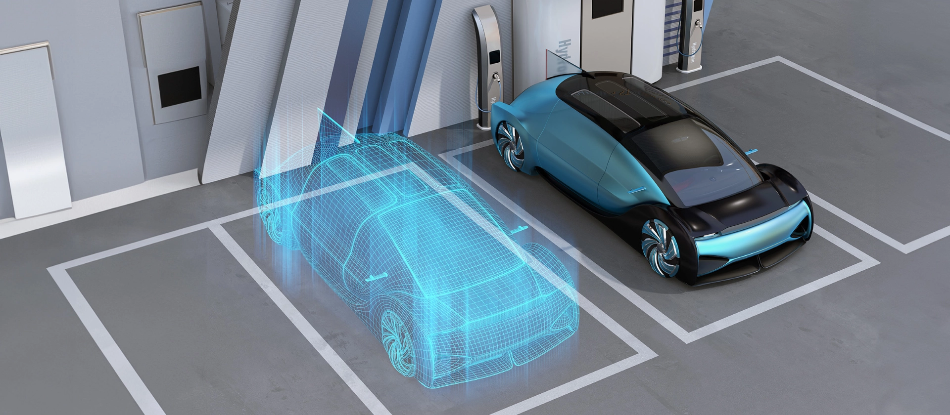 digitaler Zwilling eines Autos an der Ladesäule