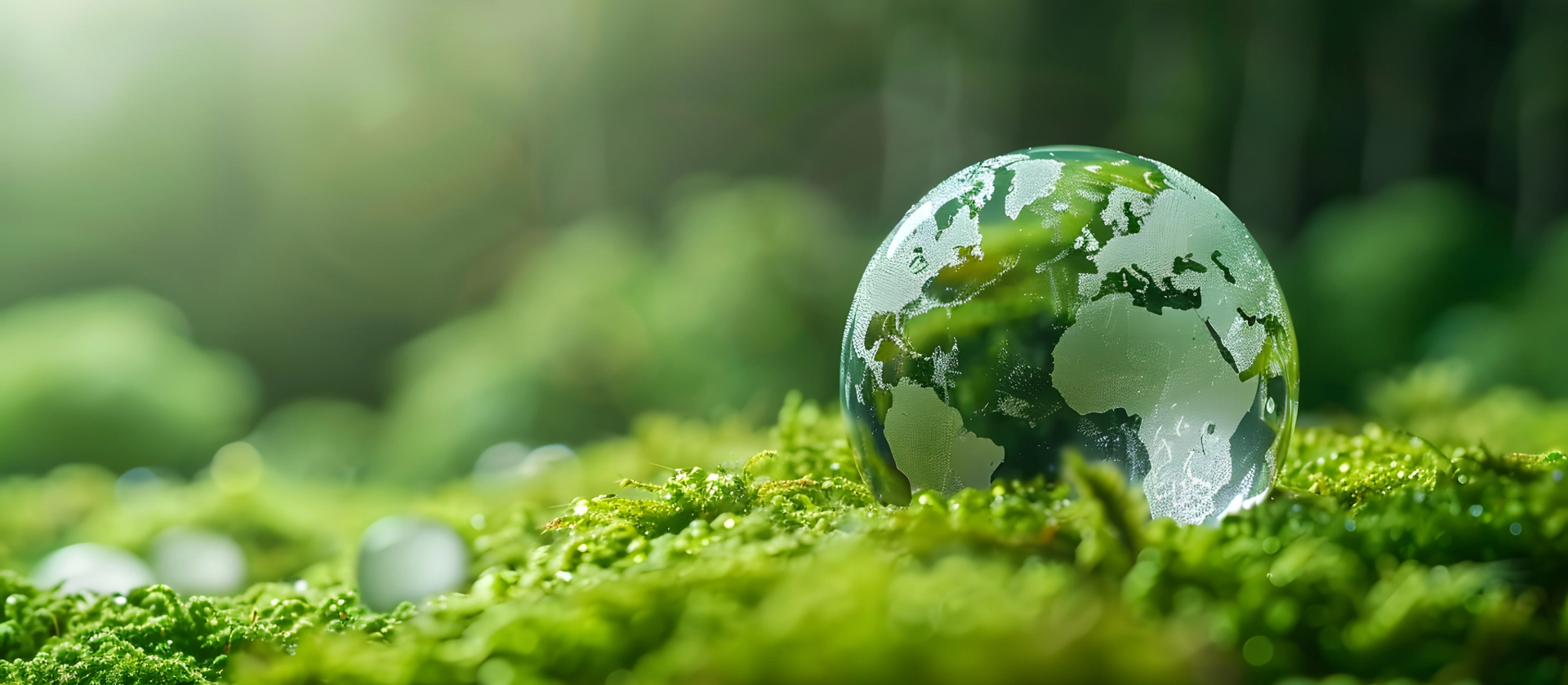 Weltkugel aus Glas liegt auf Moos im Wald