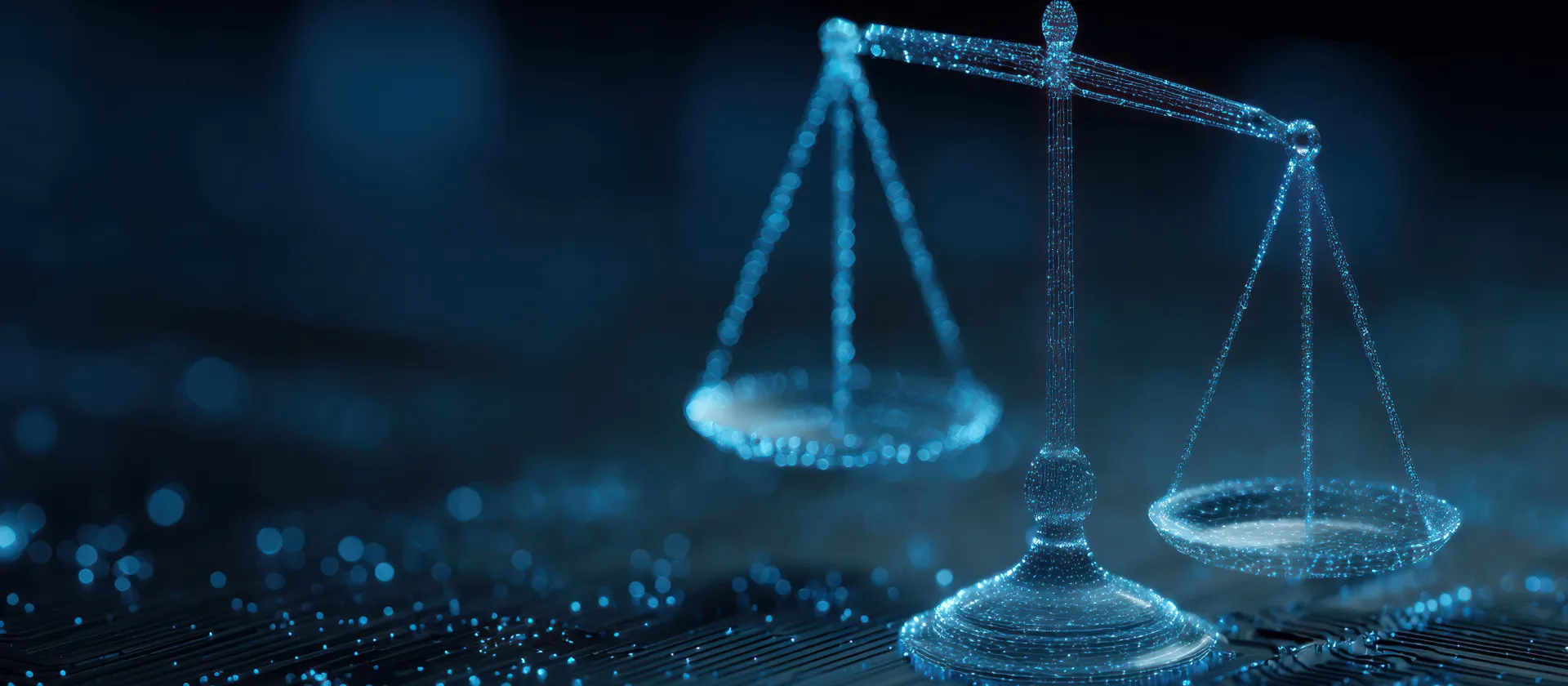 Scales of justice symbol in a dark blue digital futuristic environment.