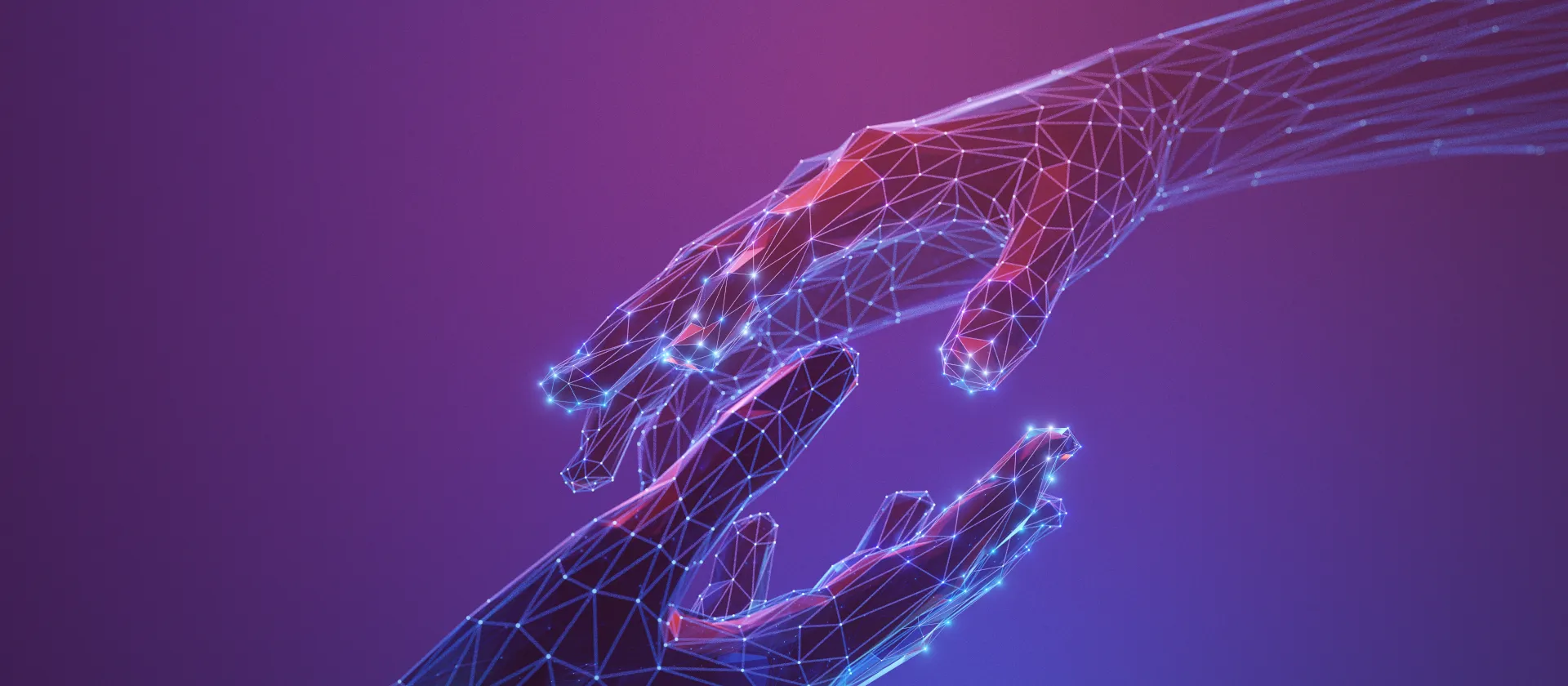 Zwei Hände vor lila Hintergrund, die sich gegenseitig greifen wollen und aus Datenströmen bestehen