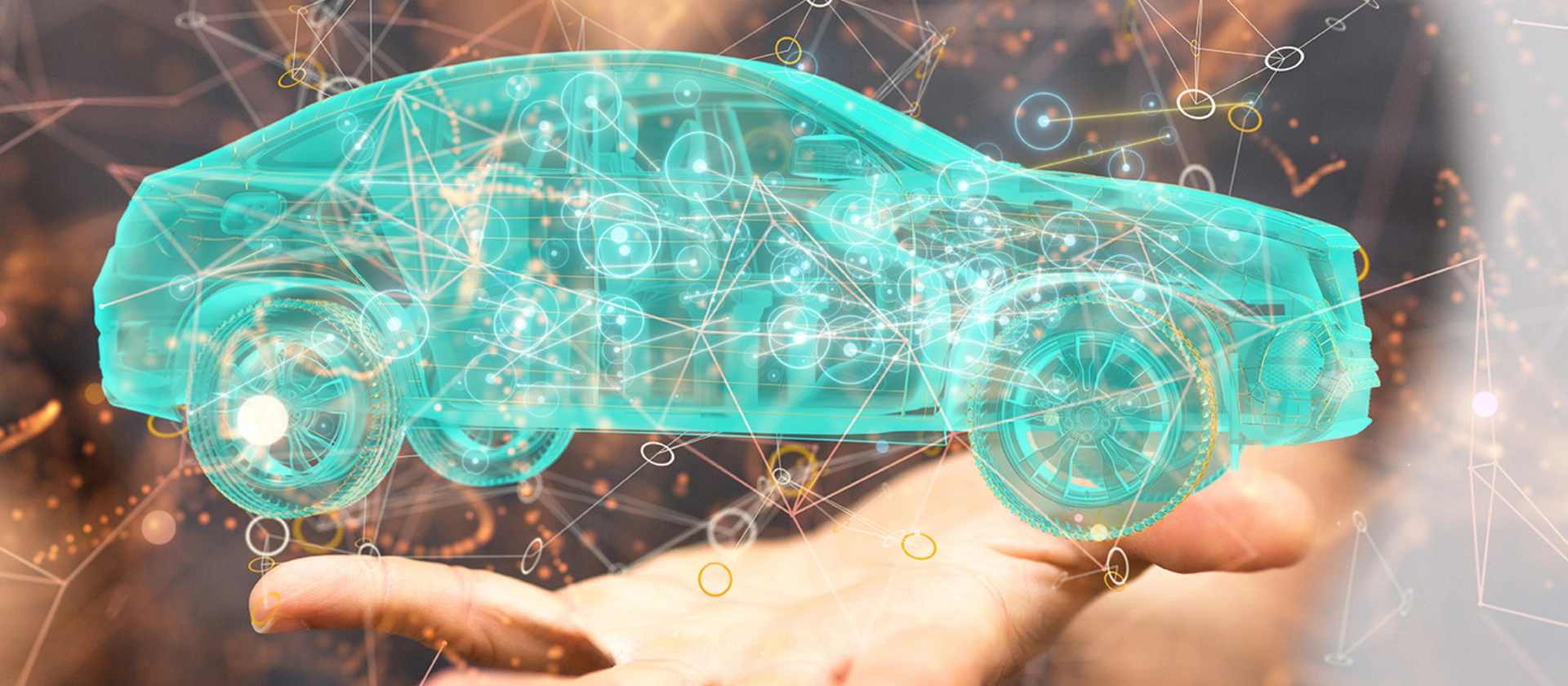 Netzwerkstruktur eines Autos auf einer Frauenhand