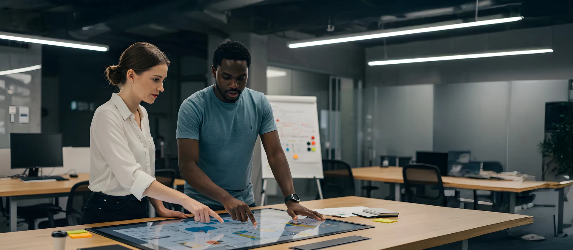 Diverse colleagues collaborate using a large interactive touchscreen display in a modern office workspace promoting teamwork and innovation.