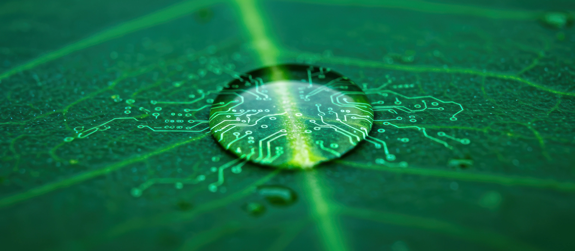 Wassertropfen auf einem grünen Blatt mit Platinenmuster