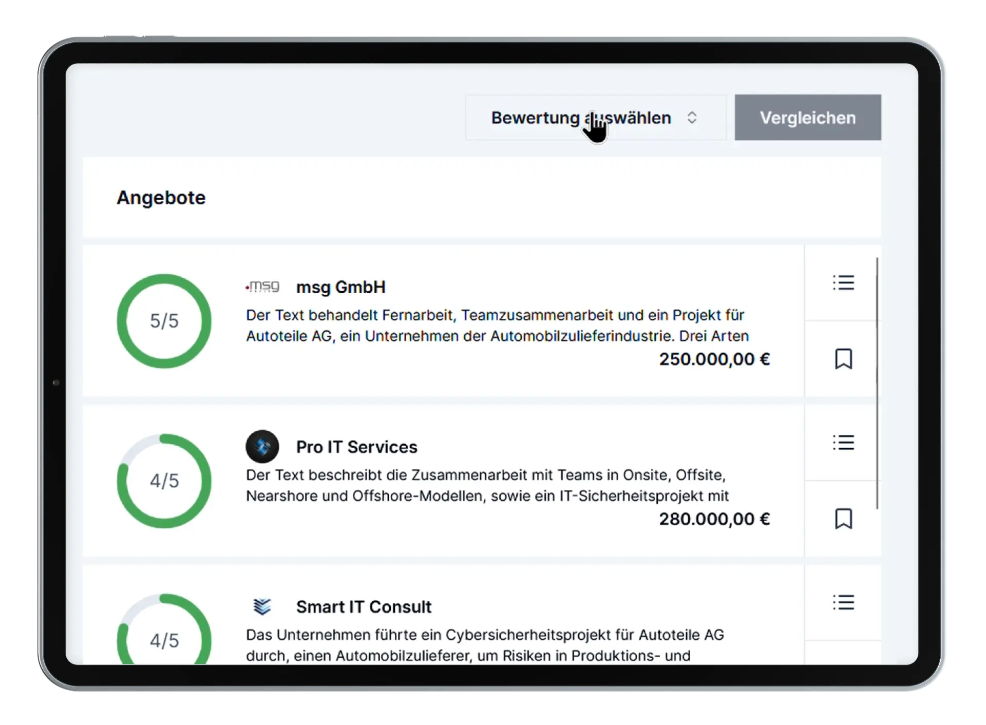 Benutzerfreundliches User Interface von msg.Tender Manager
