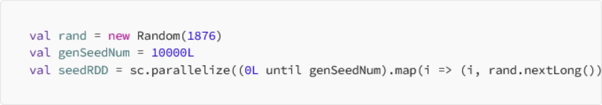 Scala code snippet using a fixed seed (1876) to generate a parallelized RDD of random long values for reproducible synthetic data generation in Spark.