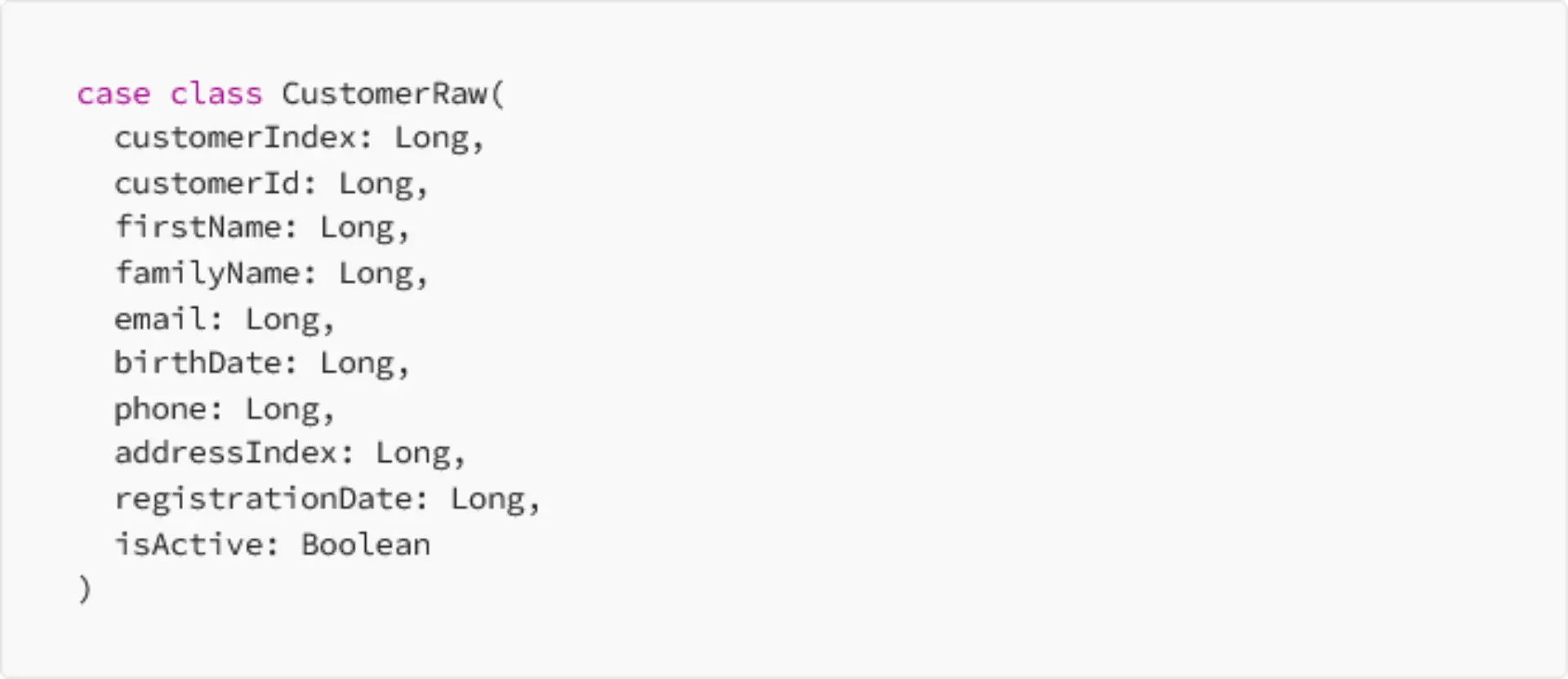 Scala case class CustomerRaw defining a customer schema with fields such as customer ID, name, email, birth date, address index, registration date, and active status, mostly using Long data type.