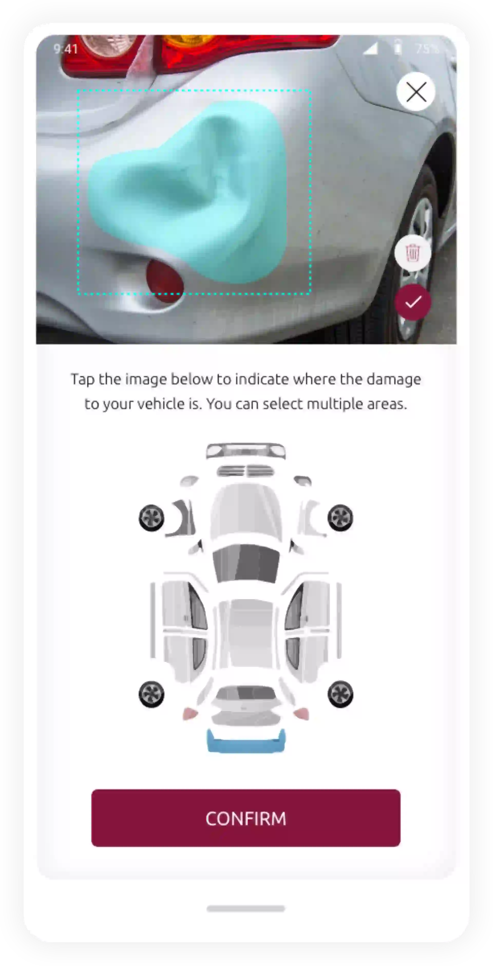 Mobile App zur Schadensmeldung. Nutzer markiert beschädigte Stelle an einem Fahrzeugbild. Bestätigungsbutton „CONFIRM“.