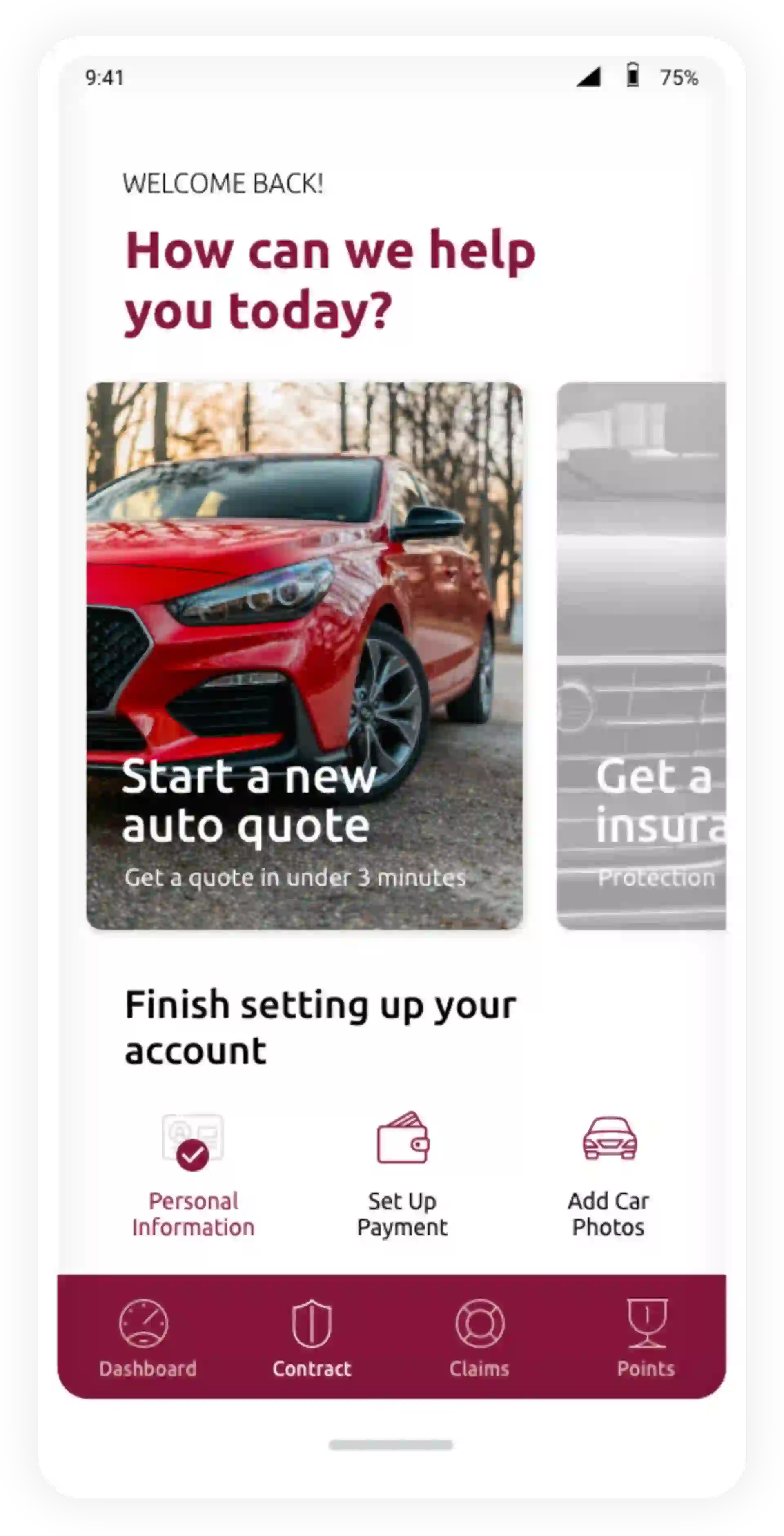 creenshot einer Versicherungs-App mit Optionen für einen Kfz-Versicherungsquote, Kontoeinrichtung und Navigation zu Dashboard, Vertrag, Ansprüchen und Punkten.