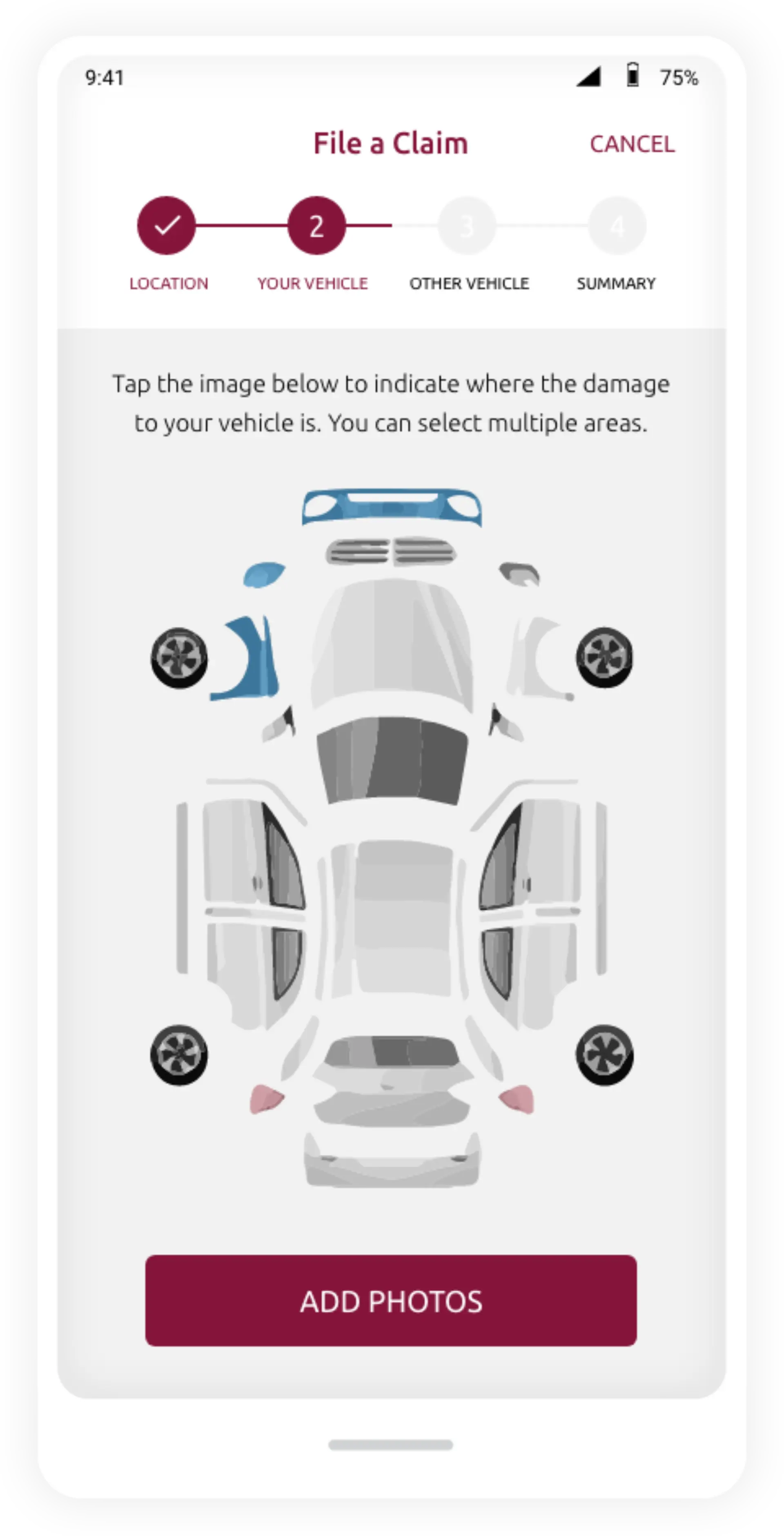App-Screenshot zum Melden eines Schadens. Nutzer kann auf ein Fahrzeugdiagramm tippen, um beschädigte Bereiche zu markieren. Schritt 2 von 4: 'Your Vehicle'. Button 'ADD PHOTOS' unten.