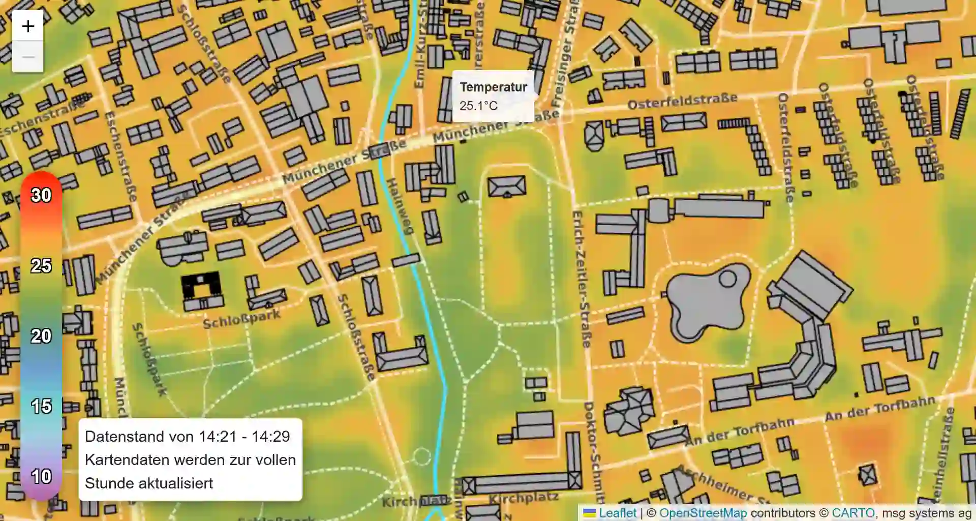 Ausschnitt der Hitzekarte Ismaning (Quelle: msg systems ag)