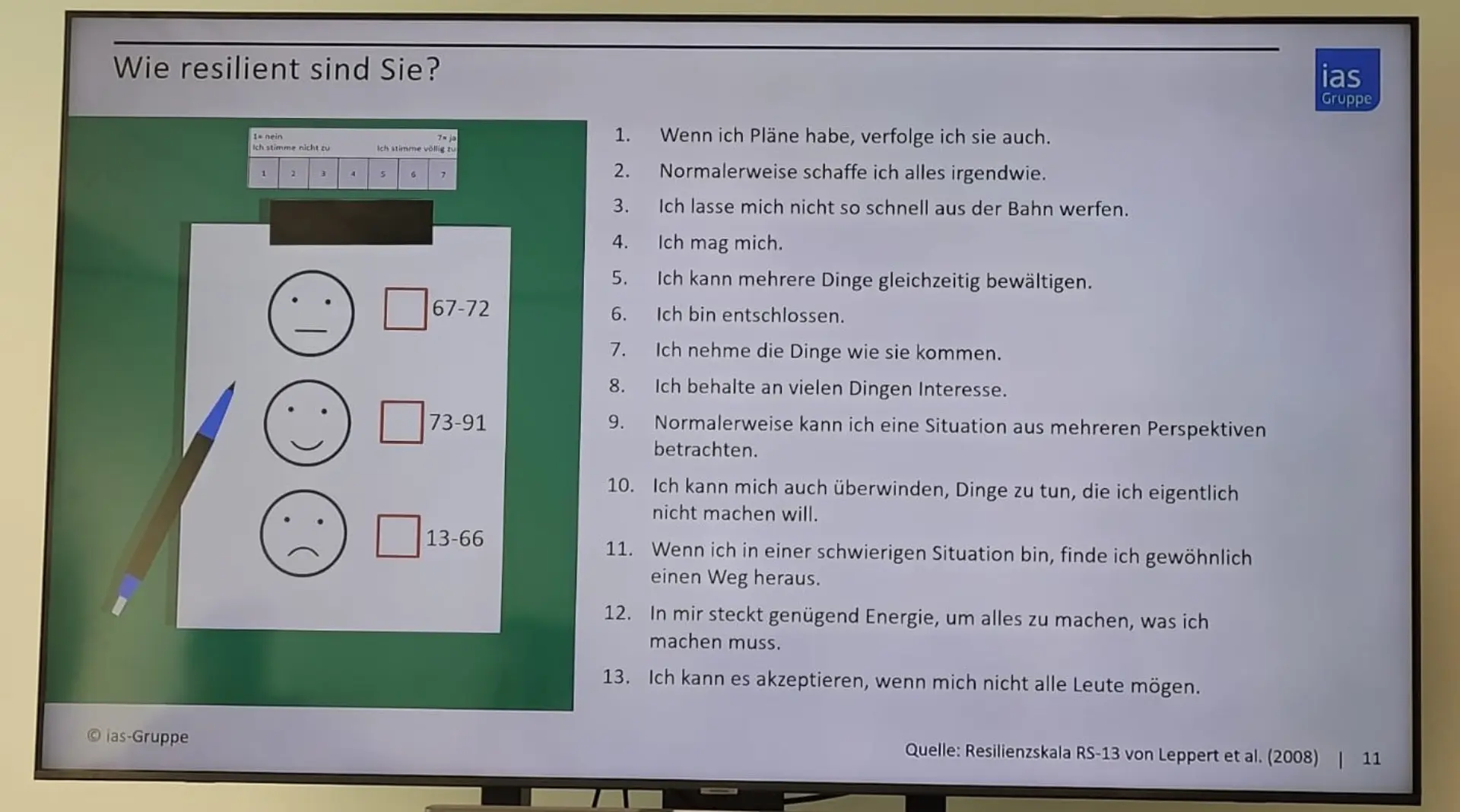 msg Roadshow - Folie aus dem Resilienzvortrag mit einer Liste von Fragen